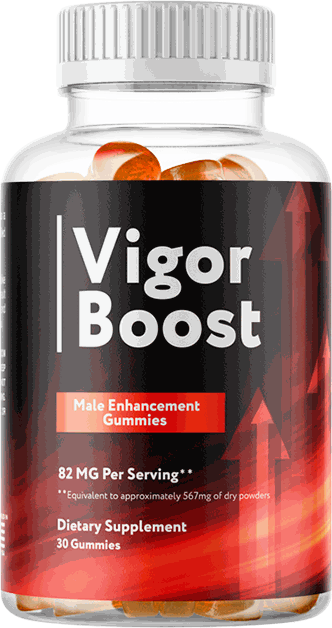 Bottle of Vigor Boost men's vitality gummies, 82 mg per serving, 30 gummies per bottle